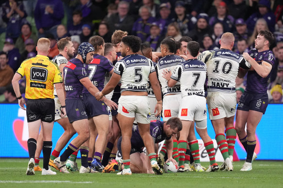 Cameron Munster down on the turf after Taane Milne’s late tackle on Thursday night. 