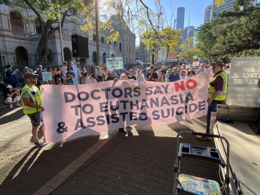 About 450 to 500 people gathered to protest the Queensland government’s proposed voluntary assisted dying bill.