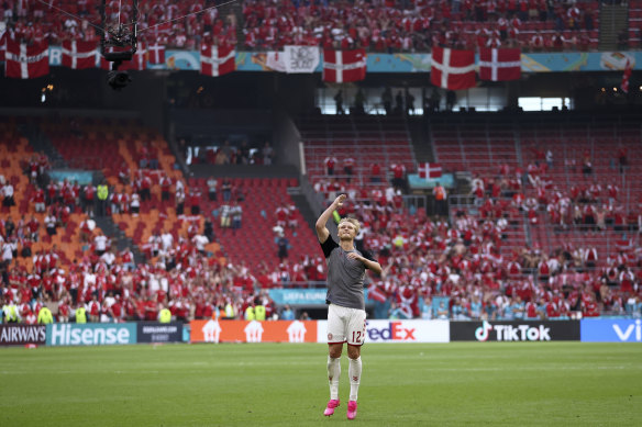 Kasper Dolberg celebrates after Denmark’s big win.