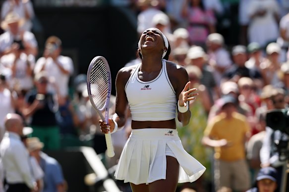 Two-time grand slam winner Coco Gauff celebrates her Wimbledon quarter-final victory.