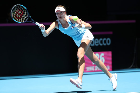 Focus: Kristina Mladenovic in action against Ajla Tomljanovic in the 2019 Fed Cup Final tie between Australia and France. 