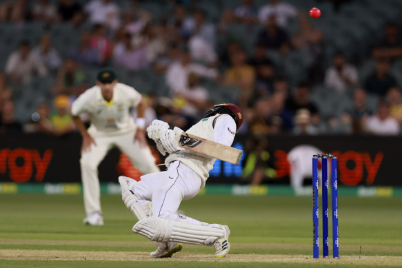 The West Indies’ Tagenarine Chanderpaul ducks under a bouncer.