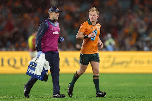 Tom Lynagh leaves the field during the third Test of the series between Australia and the British and Irish Lions.
