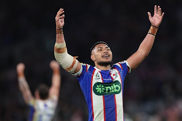Francis Manuleleua celebrates Newcastle’s victory.
