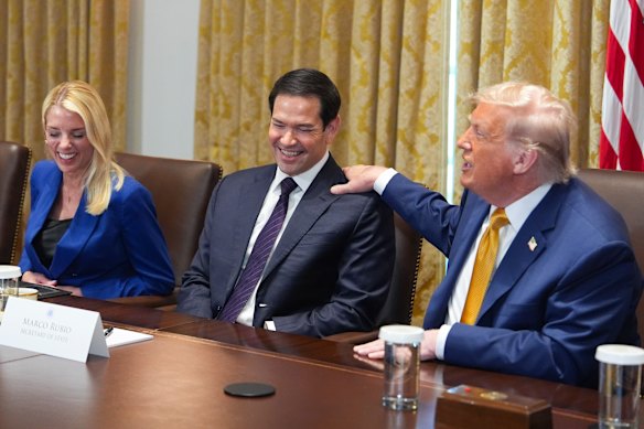 Donald Trump with Pam Bondi and Marco Rubio during a cabinet meeting at the White House on Tuesday.