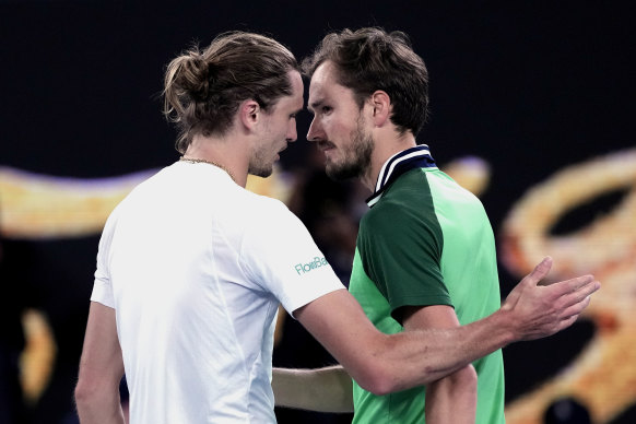 Old rivals: There was one flashpoint between Zverev and Medvedev tonight, but they shook hands respectfully at the end.