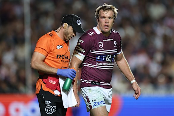 Jake Trbojevic leaves the field on Thursday night.