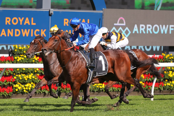 Aft Cabin comes down the outside  to win Saturday’s Arrowfield Sprint, which opened the option of a trip to Royal Ascot. 