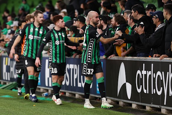 Western United thanking fans after the A-League men’s semi-final match against Melbourne City in 2025 – one of the last times they played.