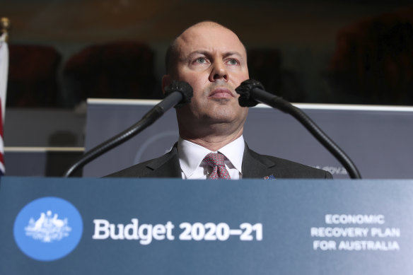 Treasurer Josh Frydenberg releasing the  2020-21 budget. New analysis points to spending remaining elevated well after the end of the coronavirus recession.