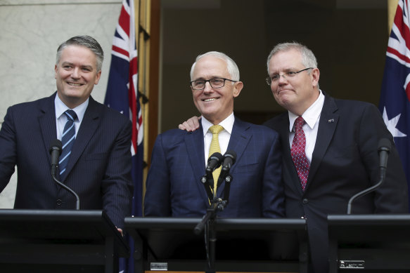 Malcolm Turnbull with Mathias Cormann and Scott Morrison in August 2018: “Cormann’s conduct disappointed me the most because, for a start, we had become good friends.”