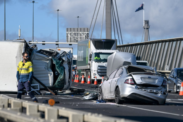 Police say the exact circumstances of the collision on the West Gate Bridge on Tuesday morning are yet to be determined. 