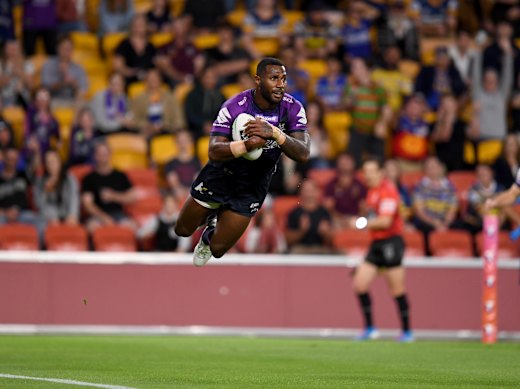 Storm flyer Suliasi Vunivalu scores after getting around Waqa Blake last Saturday night.