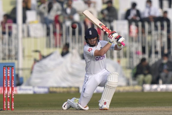 Ollie Pope in action as England’s batters were in a destructive mood.