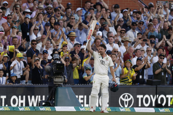 Happy days: Travis Head acknowledges the crowd after his epic knock.