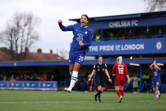 Sam Kerr celebrates her hat-trick against Liverpool.