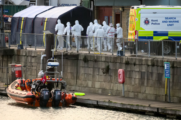 Kent Police, Search and Marine Unit and emergency services attend at the RNLI Lifeboat Station in Dover, England. 