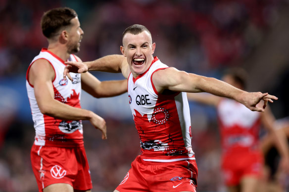 Chad Warner celebrates one of his three goals.