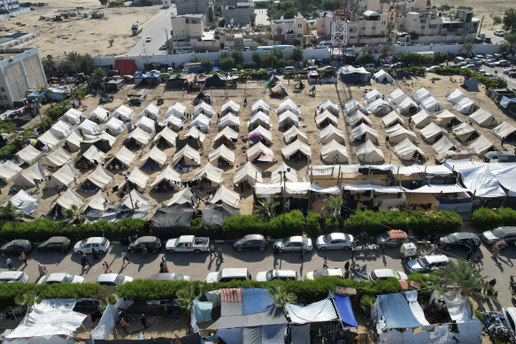 Tents set up for Palestinians displaced by the Israeli bombardment of the Gaza Strip in Khan Younis.