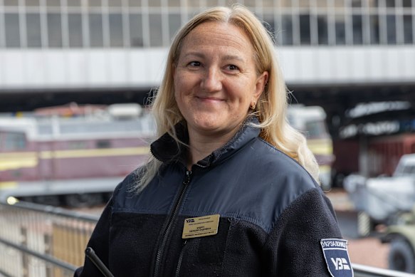Ukrainian Railways passenger train steward Natalia Kudrich at the main railway station in Kyiv.