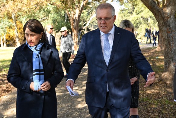 Premier Gladys Berejiklian and Prime Minister Scott Morrison in north-west Sydney on Monday morning.