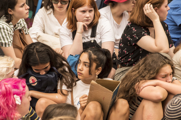 School students rally against conservative inaction on climate change outside the Liberal Party Offices in William St on November 29. 