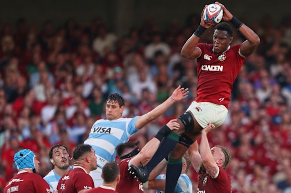 Lions’ Maro Itoje collects the ball in a line out