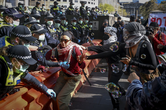 A confrontation on Southbank Promenade near Crown casino on Thursday.