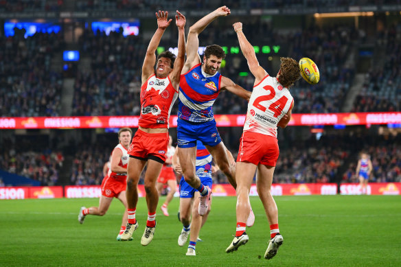 Marcus Bontempelli was thrown forward as injuries bit the Dogs.