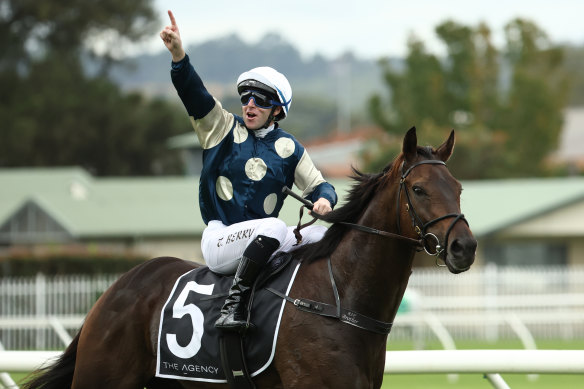 Tommy Berry after winning last year’s George Ryder Stakes with Gringotts.