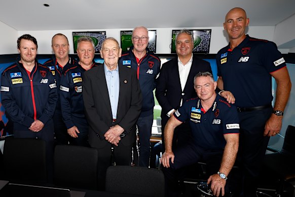 Paul Guerra (third from right) with senior coach Steven King (far right) and the rest of the Demons squad at last year's AFL draft.