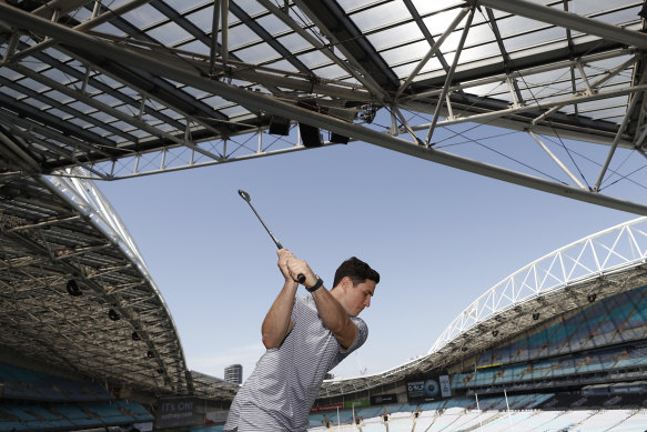 Mitchell Moses teeing off at the 2020 G9 Stadium Golf at ANZ Stadium.