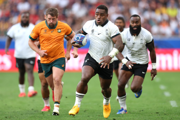 Josua Tuisova scores for Fiji in the 22-15 win.