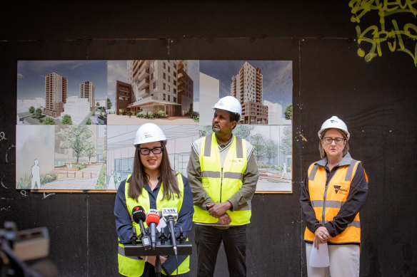 Housing Minister Harriet Shing reveals the design of the replacements for the red-brick towers in Carlton. The new homes will be 100 per cent public housing. 