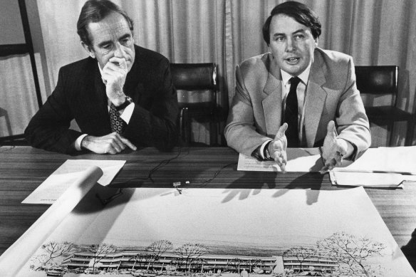 Health minister Tom Roper, with  Victorian premier John Cain in 1982, announcing details of the proposed Monash Medical Centre.  