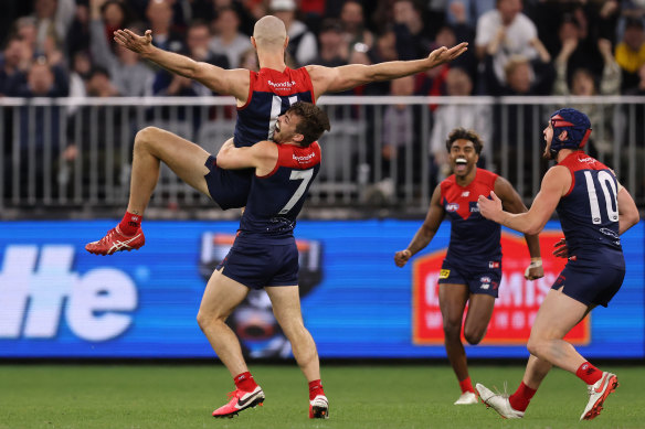 Max Gawn celebrates a goal.