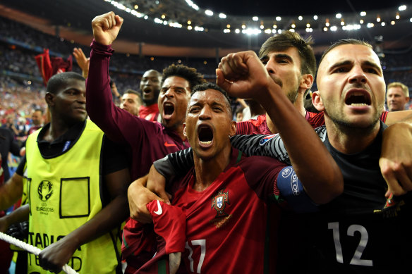 Nani celebrates after Portugal beat France 1-0 in the Euro 2016 final.