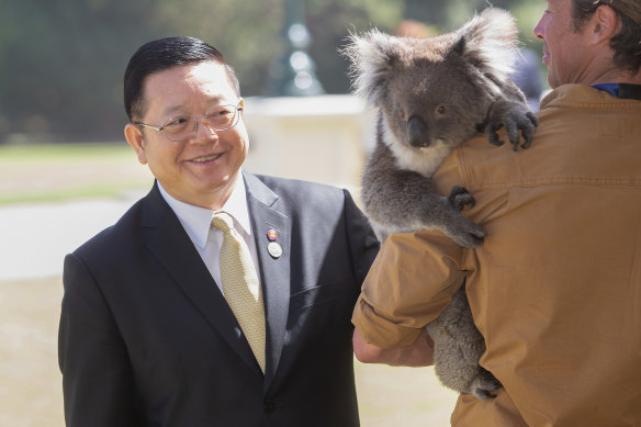 Dr Kao Kim Hourn, Secretary-General of ASEAN, meets a koala at Government House.