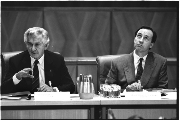 Correctly anticipating a recession, Bob Hawke – pictured with then treasurer Paul Keating –  went to an early election in 1990. Labor was rewarded with a fourth term in government.