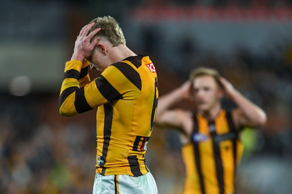 Hawthorn captain James Sicily reacts after hitting the post in a crucial kick during the 2024 semi-final against Port Adelaide.