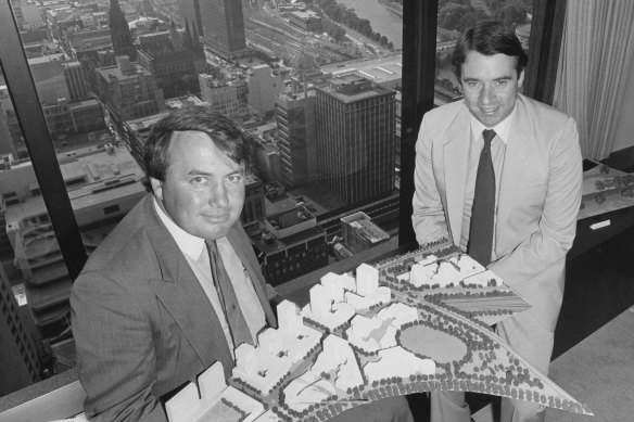 Tom Roper, then minister for transport, with planning minister Jim Kennan with the 1985 proposal for parkland to be built over the Jolimont rail yards.