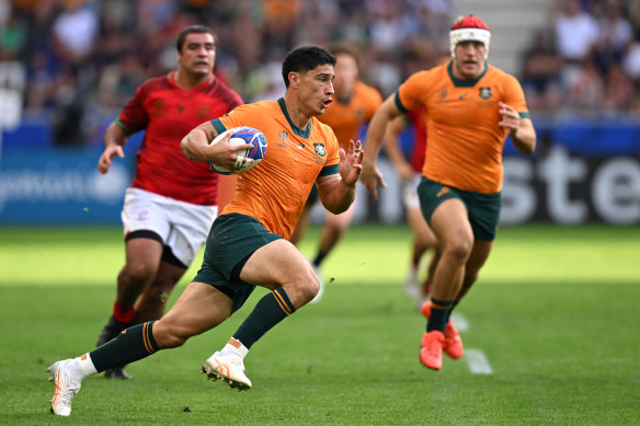 Lalakai Foketi in action for the Wallabies against Portugal at the Rugby World Cup.
