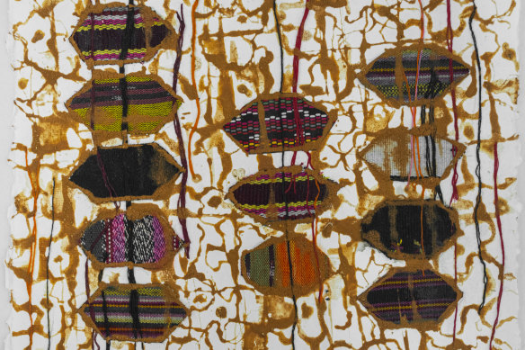 Maria Madeira’s Kiss and Don’t Tell (detail), 2024, Tais (traditional East Timorese cloth), red earth.