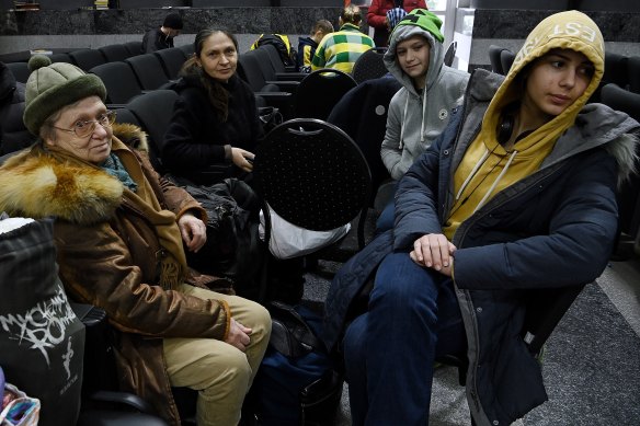 Josephine Kulesko (far left) fled Kharkiv, and now takes refuge at the Golden Rose Synagogue in Dnipro with her daughter Galina Kulesko and grandchildren Jan Kulesko, 12, and Melissa Kulesko, 16.