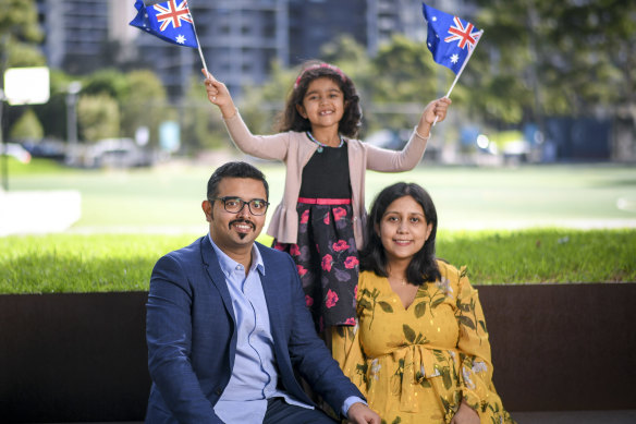 Tuhin and Rupsa Chakraborty with their daughter Tulip. They will be among the first people to become Australian citizens through an online ceremony.