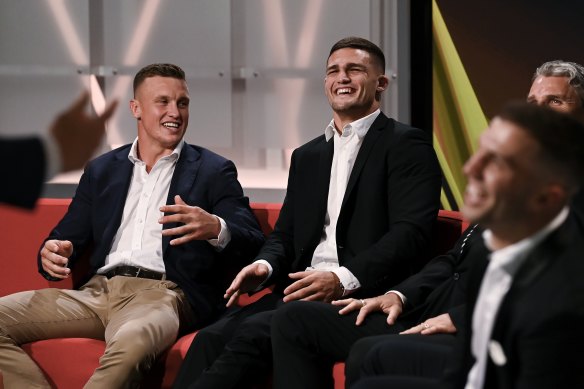 Winning smiles: Jack Wighton and Nathan Cleary on Monday.