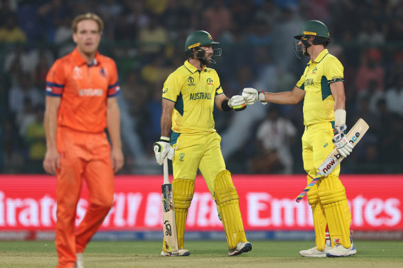 Maxwell with captain Pat Cummins at the crease.