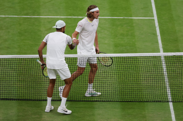 Tsitsipas briefly upset Kyrgios on the net after his defeat at Wimbledon last year.