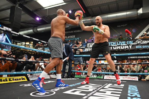 Tyson Fury works out in front of media in London this week.