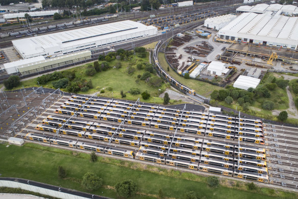 Trains parked at Auburn stabling yards yesterday.